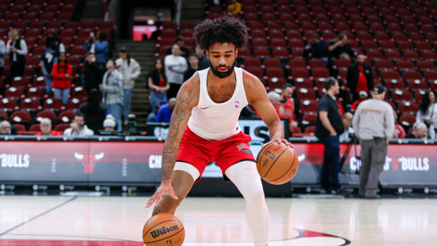 Feb 13, 2023; Chicago, Illinois, USA; Chicago Bulls guard Coby White warms up before an NBA game against the Orlando Magic at United Center.